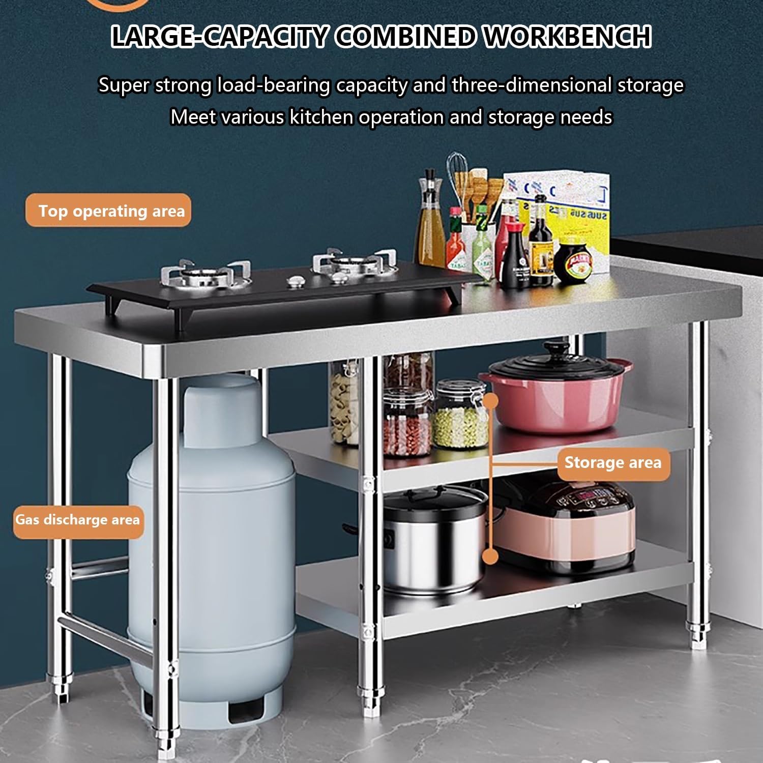 Tavolo da ristorazione in Acciaio Inossidabile Resistente per Uso Commerciale e Domestico, capacità di carico Eccezionale, 120x60x80cm, Ideale per spazi di Lavoro per ristoranti, cucine, Bar e Garage