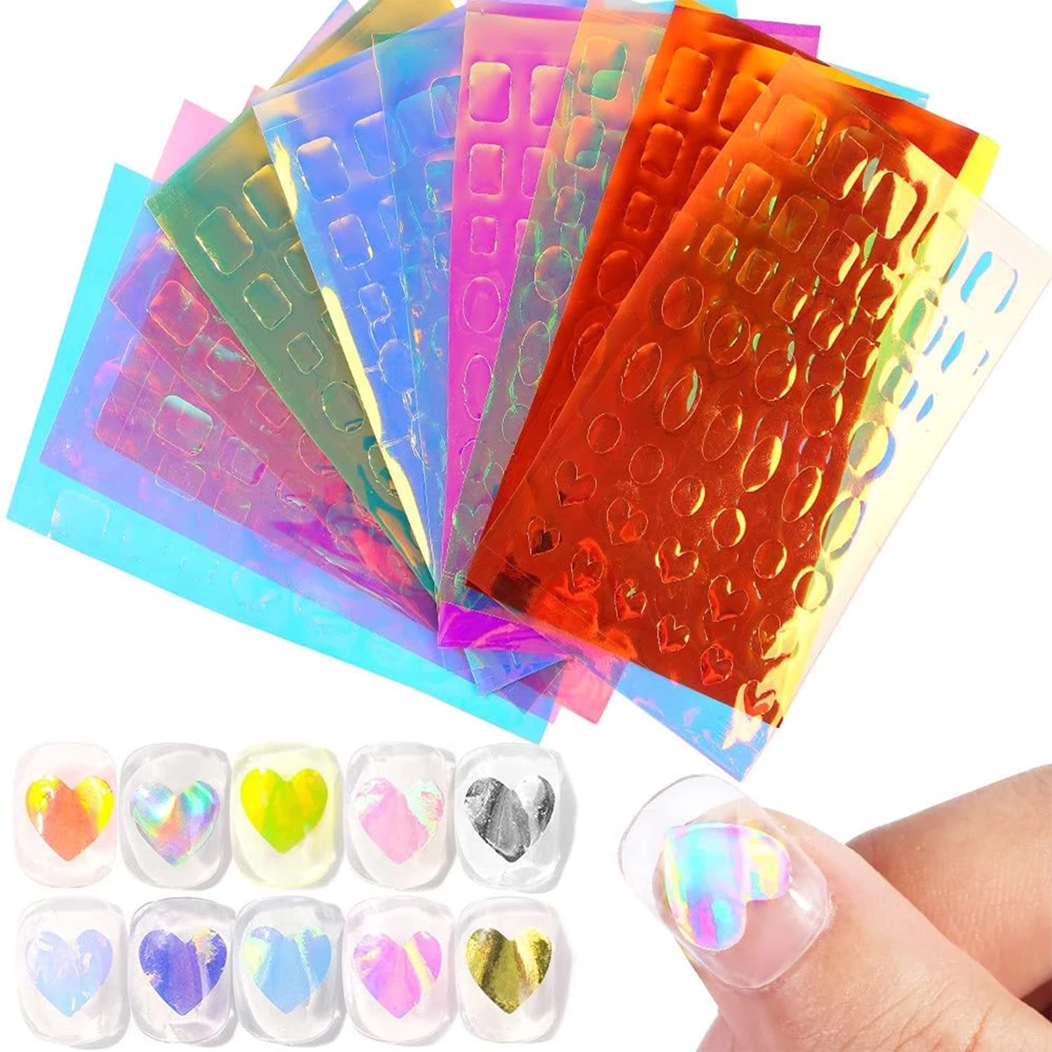 WOKOTO 11 Sheets Aurora Nail Foil Sheets for Women Nail Art, Broken Glass Paper Heart, Oval,and Block Shapes Holographic Nail Film ice-Like Stickers Laser Nail Decals DIY Nail Art Decoration KIT1