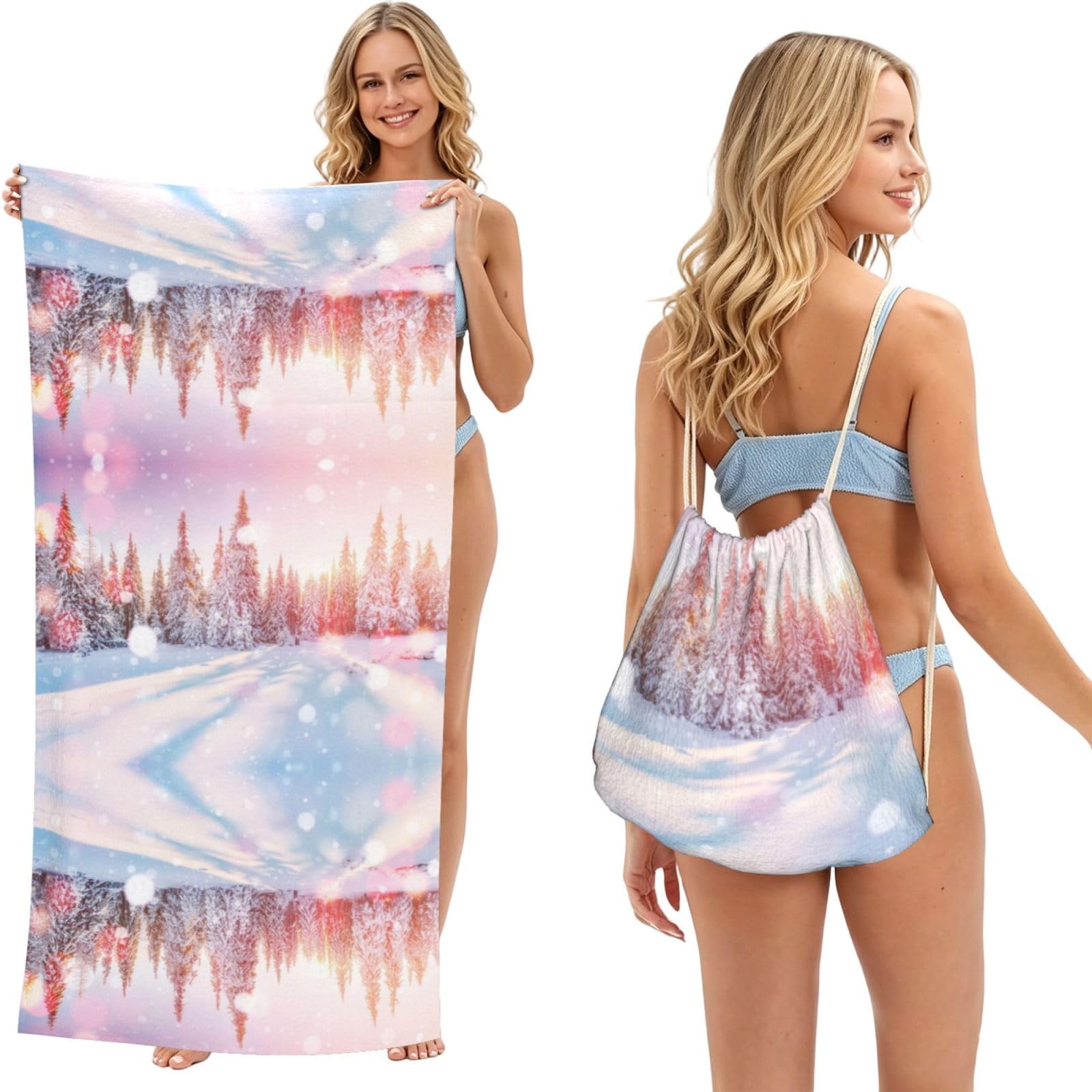 SATUSA Pine Trees And Snow Print 2-In-1 Foldable Beach Towel Backpack â€“ Camping, Yoga And Travel,Bath Towel With Built-In Storage, Convertible Beach Mat & Carry Bag