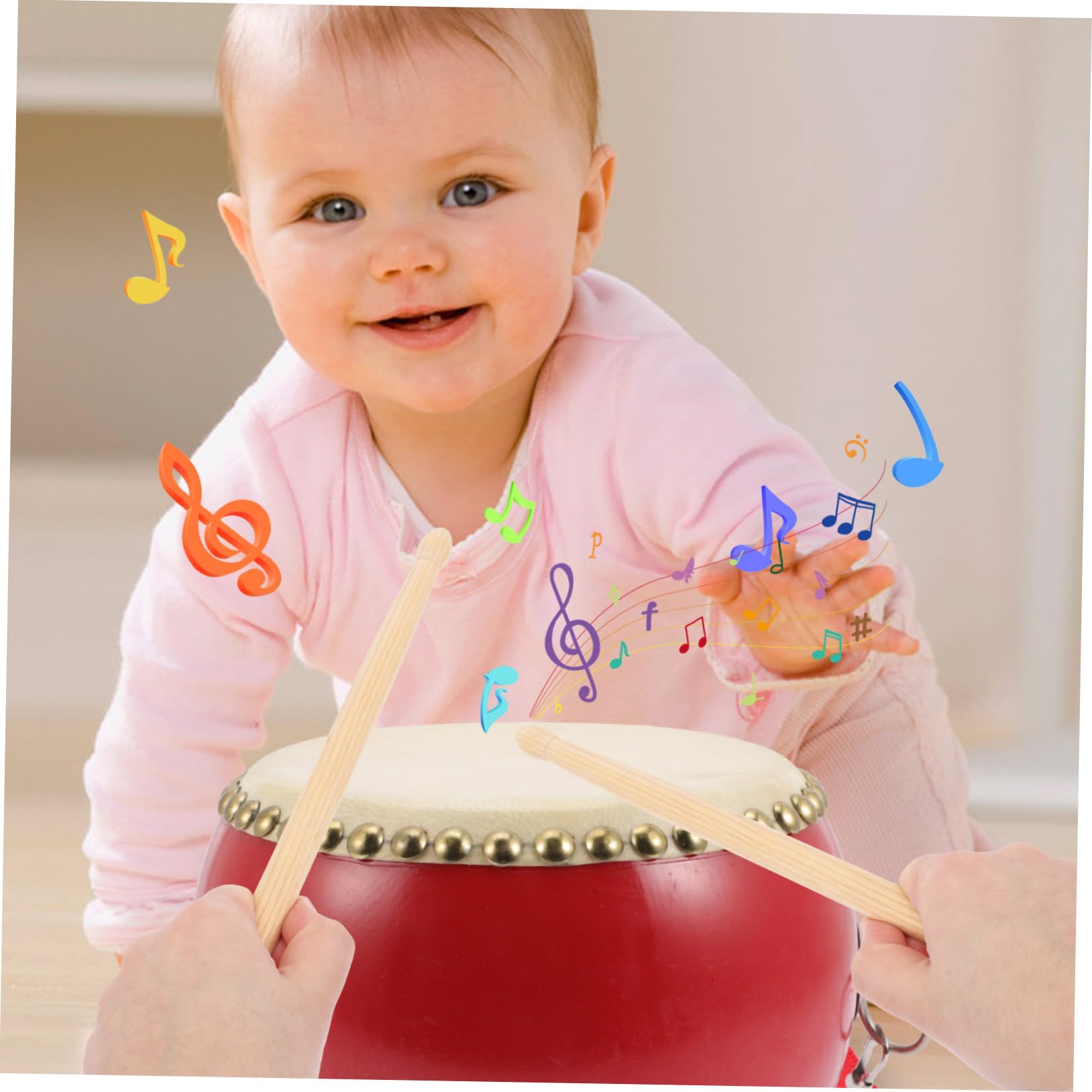 Tamburo Giocattolo in Pelle di Mucca in Legno Rosso | Strumento Percussione Musicale, per Feste di Celebrazione, per Bambini e Adulti