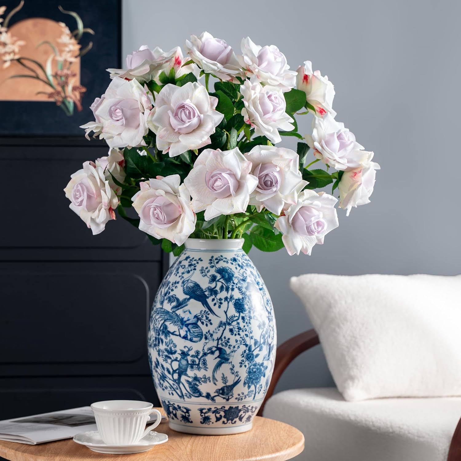 Artificial Flowers Spring Artificial Roses 23.2In Fake Roses Long Stem Artificial Flowers for Tall Vase Suitable for Wedding Party Decor Valentine's Day DIY Bouquet 20PCS White Purple Heart - Image 8