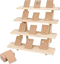 4 Tier Earring Display Stands For Selling, Wooden Retail Riser with 100 Display Cards, Jewelry Holder Organizer Stand, Portable Showcase Racks for Ring and Necklace, Display Stand for Figures Dessert