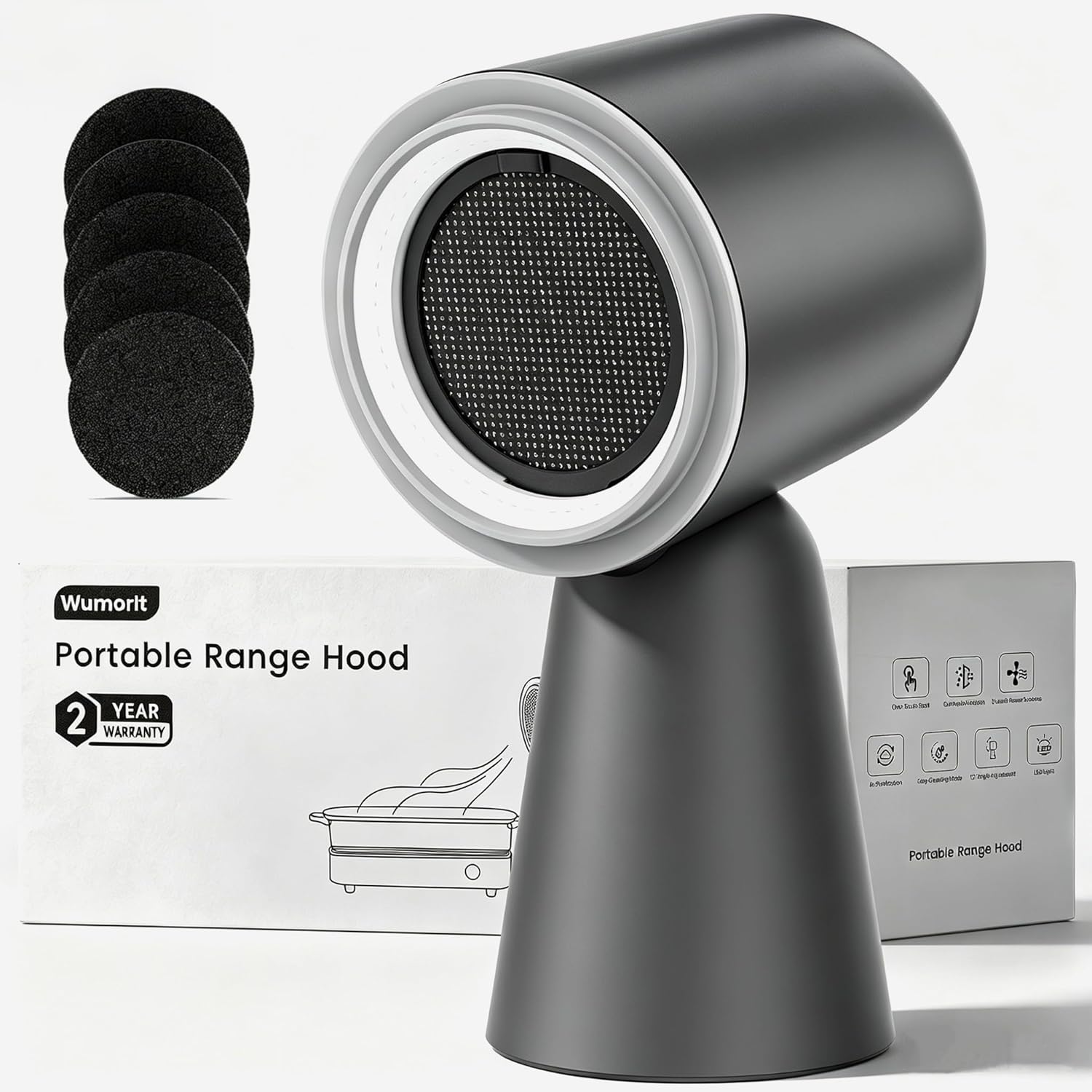 Portable Range Hood, Desktop Kitchen Exhaust Fan with 5-Layer Filtration & Water Washing Self-Cleaning Mode, 12° Adjustable Head, 3-Speed, Low Noise, Ideal for Apartment, RV, Indoor Hot Pot and BBQ