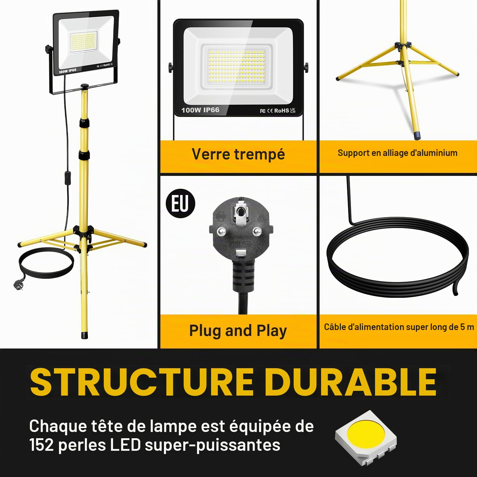 RIGIDON 100W Projecteur LED sur Trépieds, Projecteur de Chantier avec Prise | 10000LM, 6000K Blanc, Hauteur réglable 102-193 cm, Câble 5m, Étanche Éclairage de Chantier pour Travaux Atelier Garage Jardin