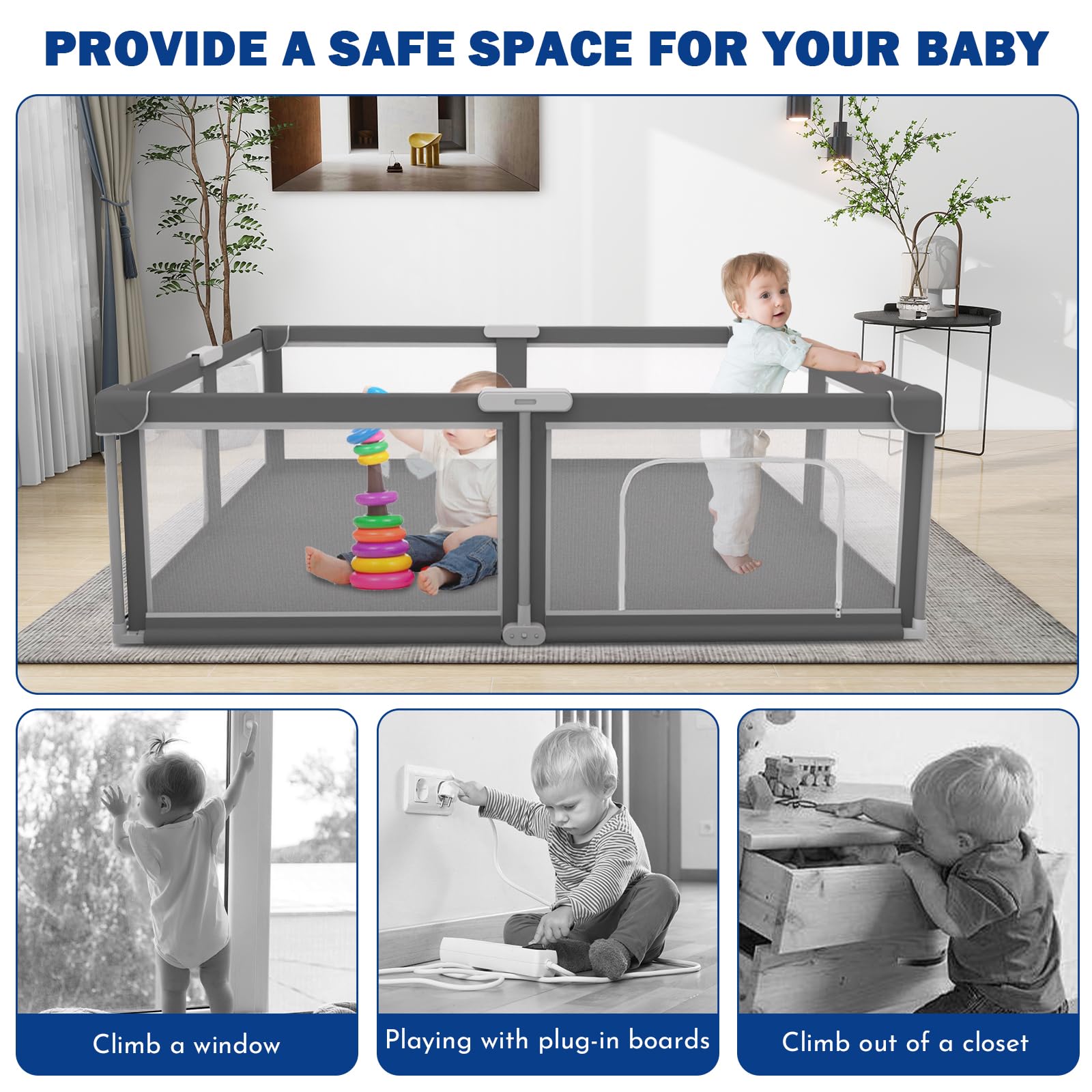 Laufstall Faltbar Baby Playpen - 1.5x1.8CM-Laufgitter, 1min-Schneller Aufbau, Sicher & Tragbar für drinnen & draußen (Grau)