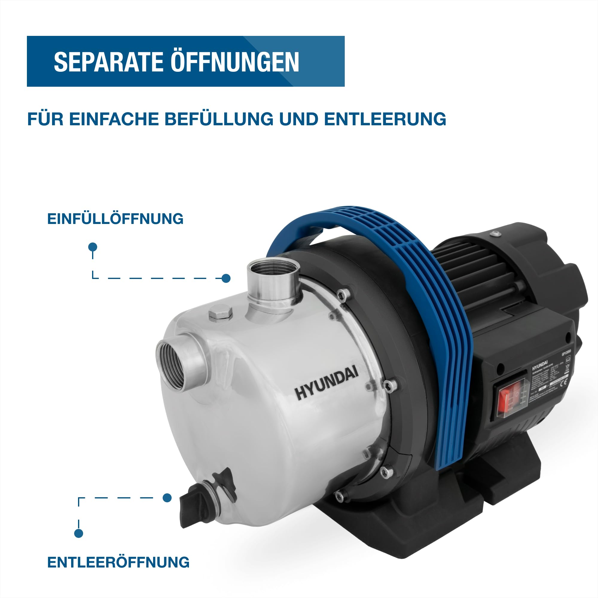 HYUNDAI Gartenpumpe GP12050 | 1200 W, Fördermenge 5.000 l/h | Förderhöhe: max. 50 m, Ansaughöhe: max. 8 m | Edelstahl-Gehäuse | Wasserpumpe