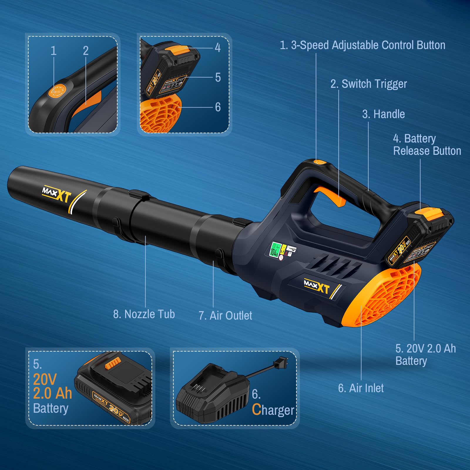 MAXXT Soplador de Hoja, Aspirador de Hojas a Batería, 2,0 Ah y Cargador