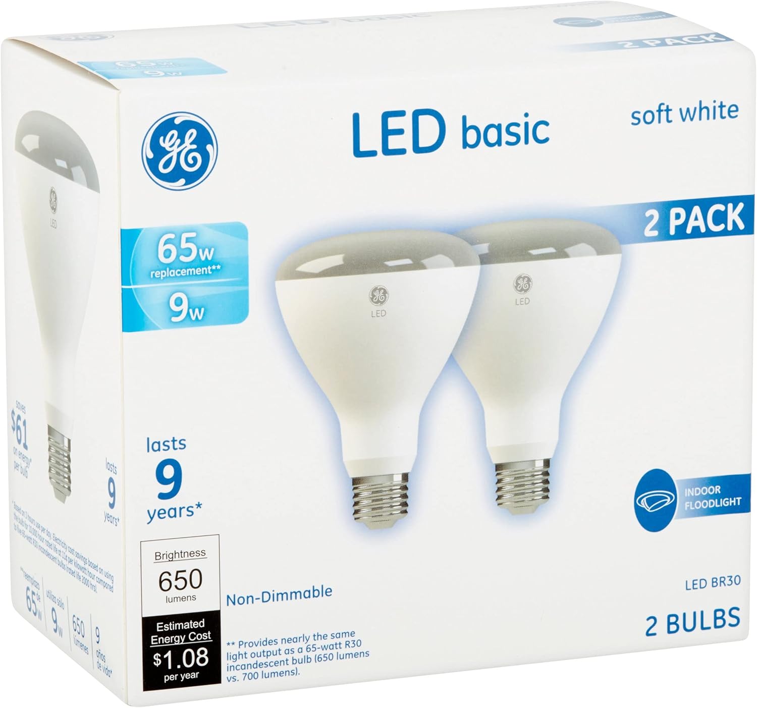GE LED Basic 65 watt Equivalent Soft White BR30 Indoor Floodlight Bulbs (2 Pack)