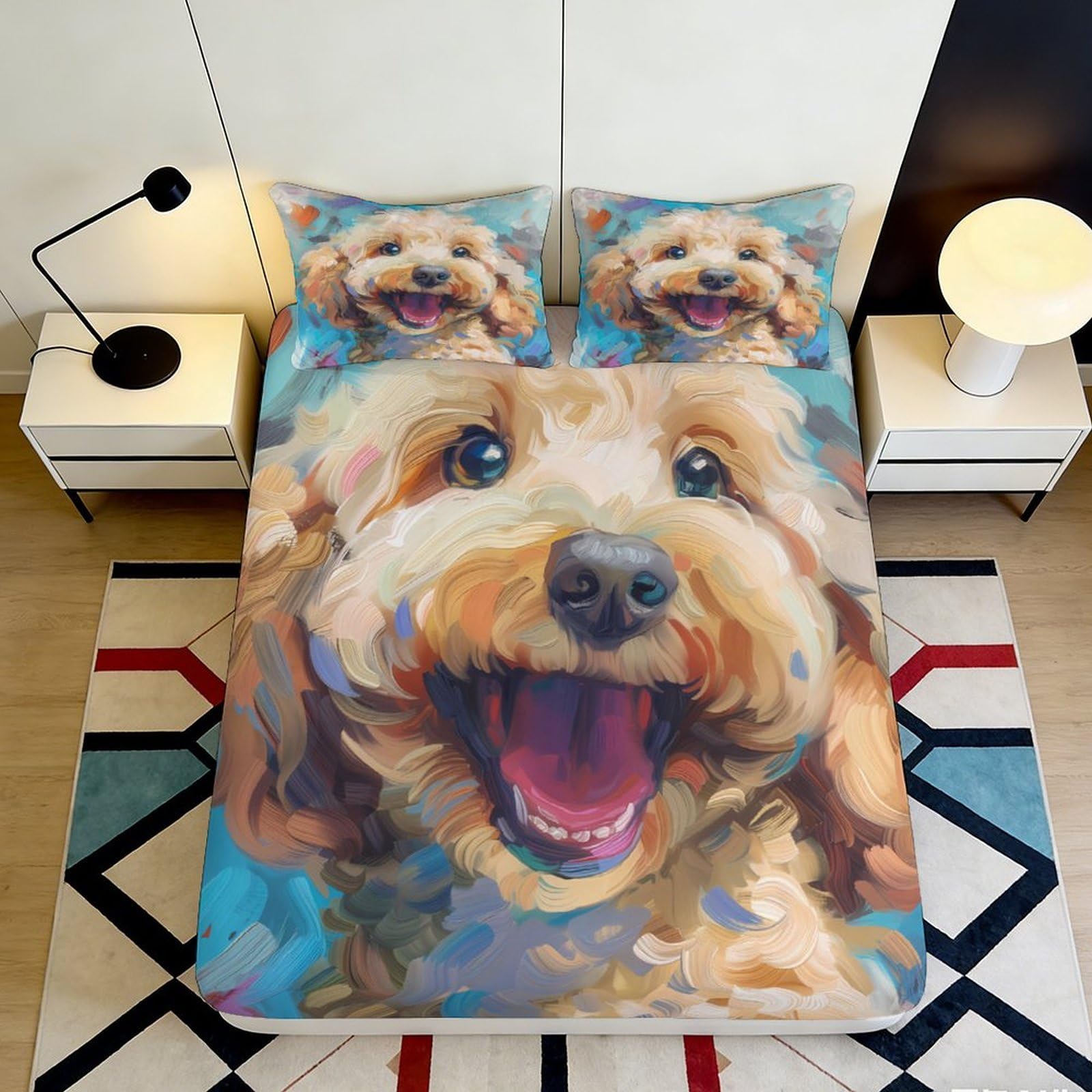 3D Printed Happy Dog Fitted Sheet Microfiber Soft Durable Colorful Dog Portrait Bed Cover for Bedroom Dormitory Guest Room Mattress Protection 180x200x25cm