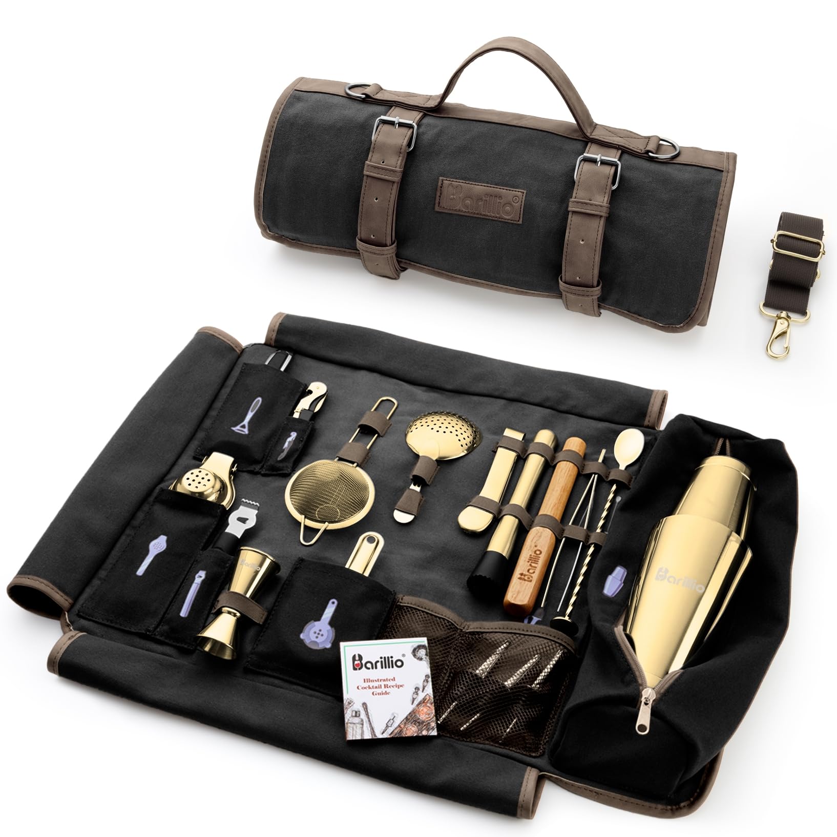 Barillio Bartender Kit Bag with Gold Cocktail Shaker Set - Waxed Canvas, Traveling Bar Tools Bag with 17-Pc Cocktail Kit - Travel Mixology Bartending Kits - Mobile Bar Roll with Strap & Accessories