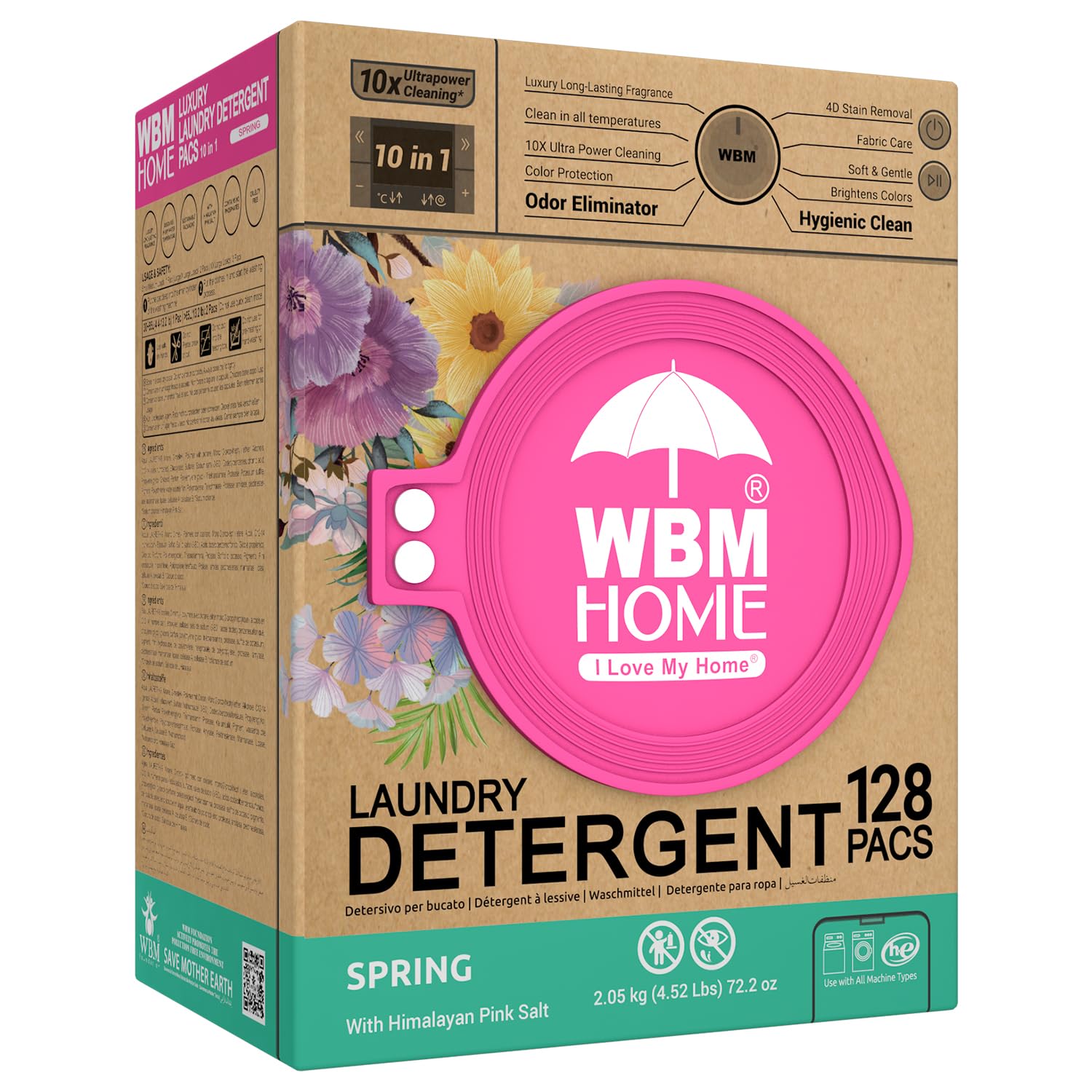 WBM Laundry Detergent Pods, Spring Fragrance Scent, 128 Count - HE Concentrated Laundry Pods With 10x Ultrapower Cleaning and 4D Laundry Stain Remover
