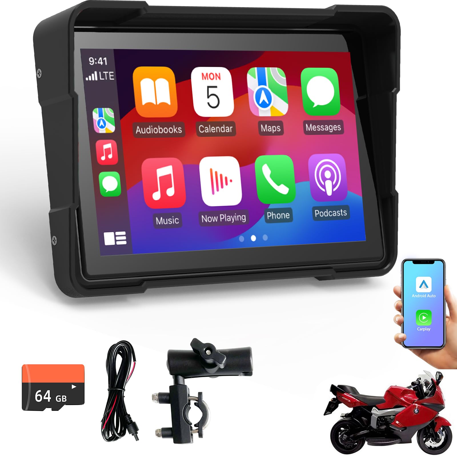 sunweyer Navigazione GPS portatile per moto, con tecnologia CarPlay e Android, 5 pollici, Bluetooth 5G e scheda TF da 64 GB, touch screen IPS impermeabile
