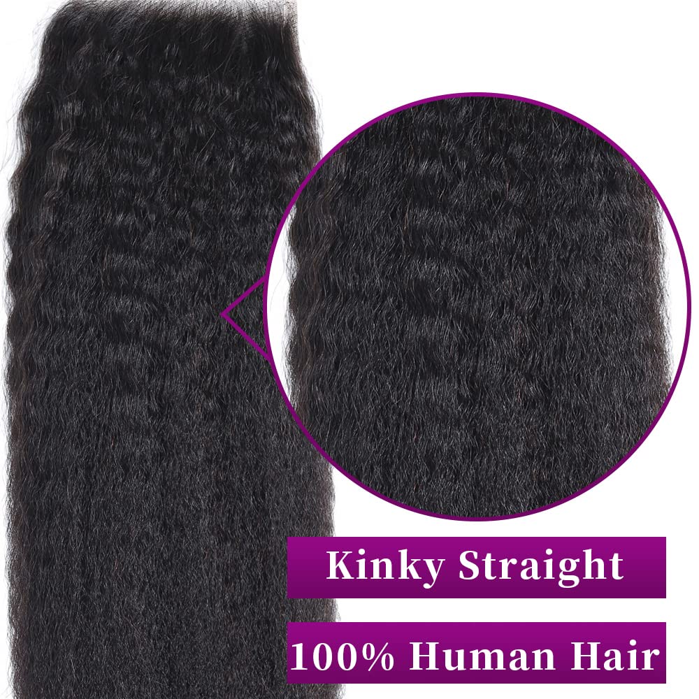 Brazilian Virgin Kinky Straight 4x4 Lace Closure 9A Grade Yaki Straight Human Hair Transparent 4x4 Lace closure Free Part Natural Black Color (16Inch, 4x4 Free Part)