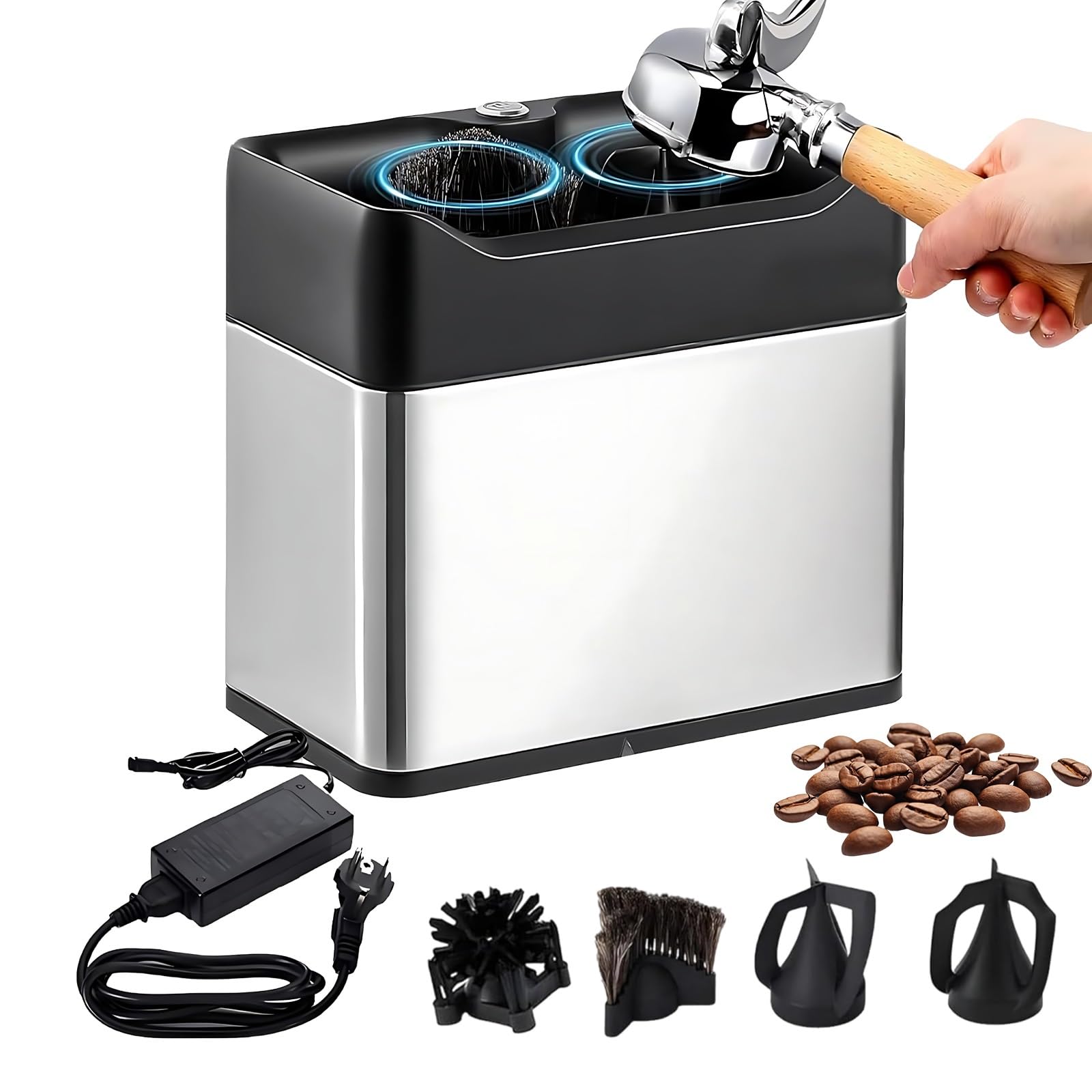 Electric Coffee Puck Knock Box, Automatic Handle Cleaner and Scraper Tool, Multi-Installation Desktop Wall-Mount Space-Saving Station for Countertop Appliance(Silver)