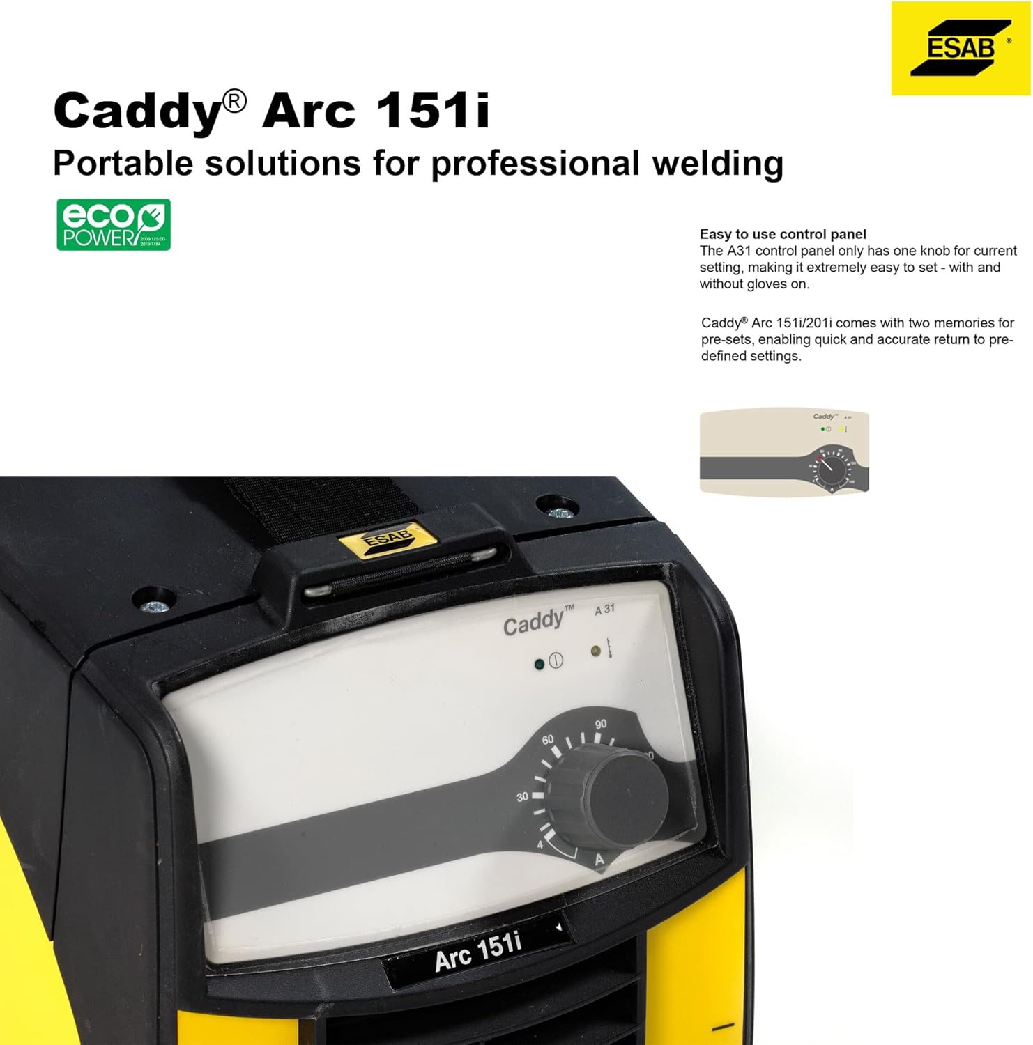 Close-up of ESAB Caddy Arc 151i control panel