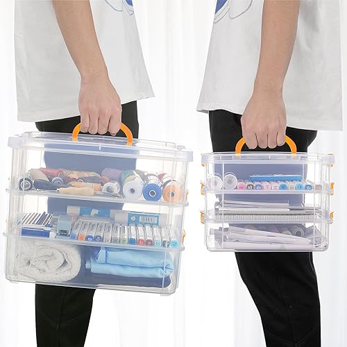 Miniatura 6 de Paquete de 6 recipientes de almacenamiento de plástico de 3 niveles de 2 tamaños con tapas, organizador de suministros de arte con asa, caja de