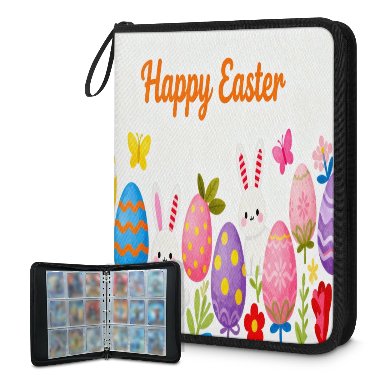 9-kieszeniowy segregator na karty kolekcjonerskie mieści 900 kart z 50 zdejmowanymi dwustronnymi rękawami, album na karty sportowe, kompatybilny z kartami do gier TCG MTG (Happy Easter Bunny Eggs