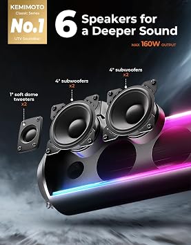 KEMIMOTO UTV Sound Bar 28 Inch ATV Soundbar 4X Subwoofers LED Party Lights Bluetooth Golf Cart Sound Bar 2X Tweeters Compatible with Polaris RZR Can-Am X3 Defender CFMOTO for 1.56- 2.25 Roll Cage