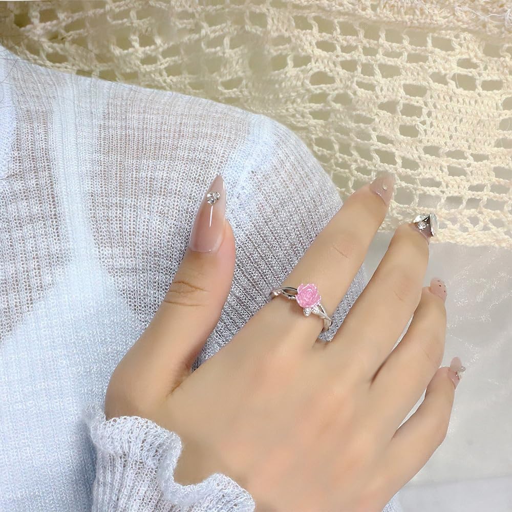 Dainty Rose Flower Leaf Branch Statement Ring for Women Silver Plated Elegant Floral Thorny leaves Adjustable Expandable Open Wrap Finger Rings Comfort Fit Birthday Wedding Holiday Jewelry - Image 3