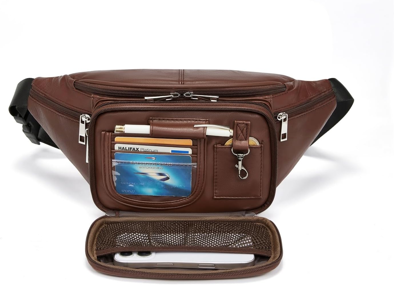 Genuine Leather Large 7 Pocket Waist Pack with Organizer, Card Slots (Hickory)