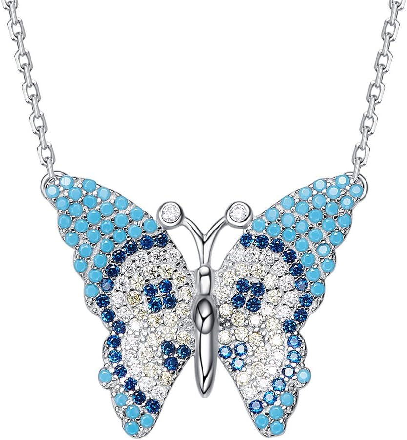 Le Premium® 925 Sterling Silver Turquoise Green Butterfly Pendant Necklace Pave Setting With Spinel Stones Gift for Ladies