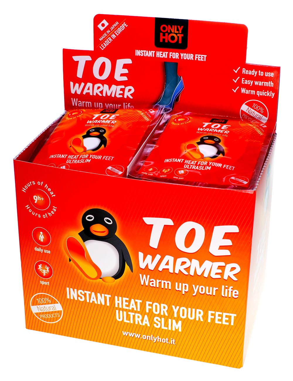 Only Hot Toe Warmers , Scaldini per piedi , 9 ore di calore, Pronti all'uso, autoriscaldanti, 100% Naturale, Taglia Unica, Adesivi, 40 Paia Display Box