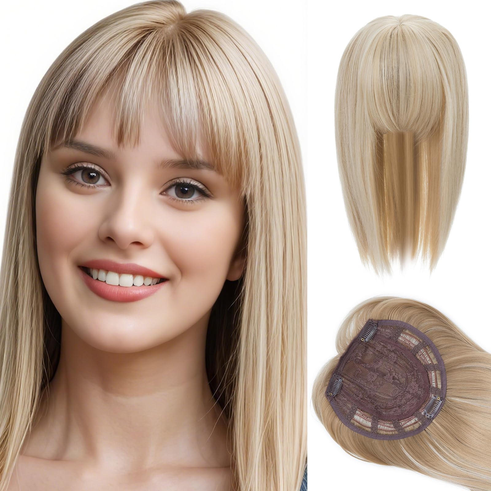 Ash Blonde & Honey Blonde Hair Topper Clip in Hair Pieces for Woman Straight 14 Inch Clip in Toppers with Fringe for Thinning Hair