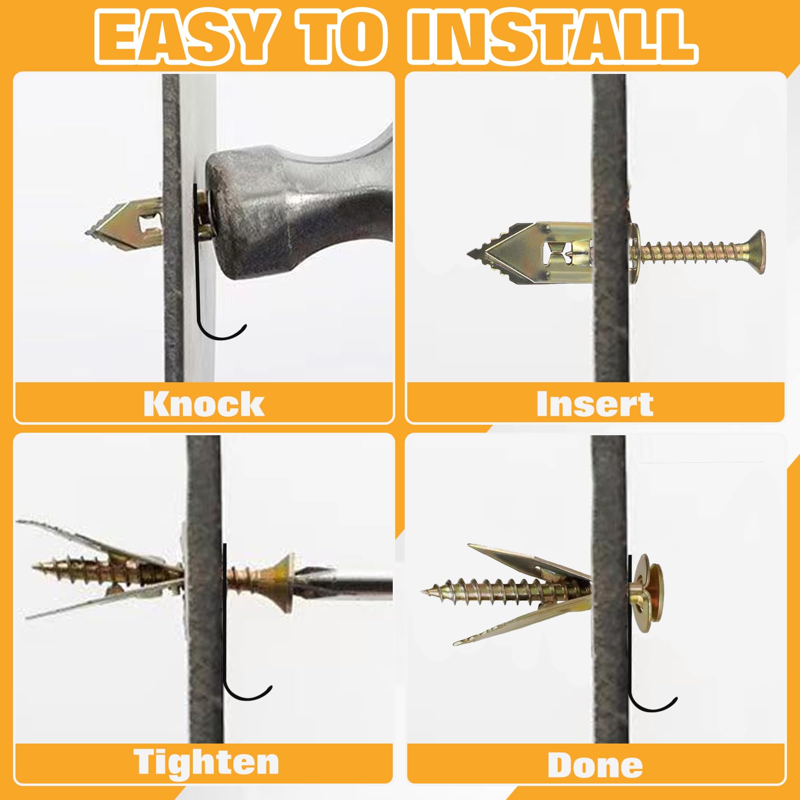LEONTOOL 200PCS ancrages autoperceurs pour cloisons sèches avec kit de vis, pas de perceuse ni de trous dans le mur pour TV, étagère, carbénet, rideaux