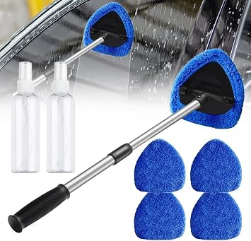 Car Windshield Cleaning Tool Set, Interior Exterior Auto Glass Cleaner Kit with Detachable Handle, 4 Reusable Microfiber Pads, Extendable Wiper Brush for Cars Trucks Home Blue
