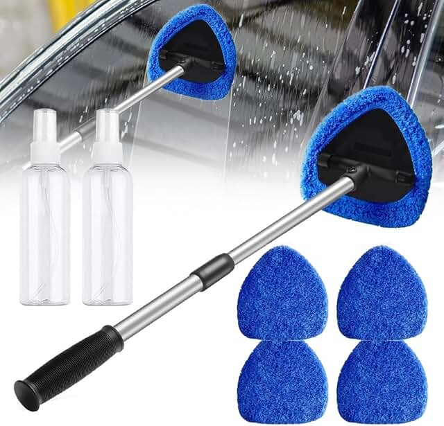 Multi-Purpose Car Windshield Cleaning Kit - Interior/Exterior Glass Cleaner with Extendable Handle