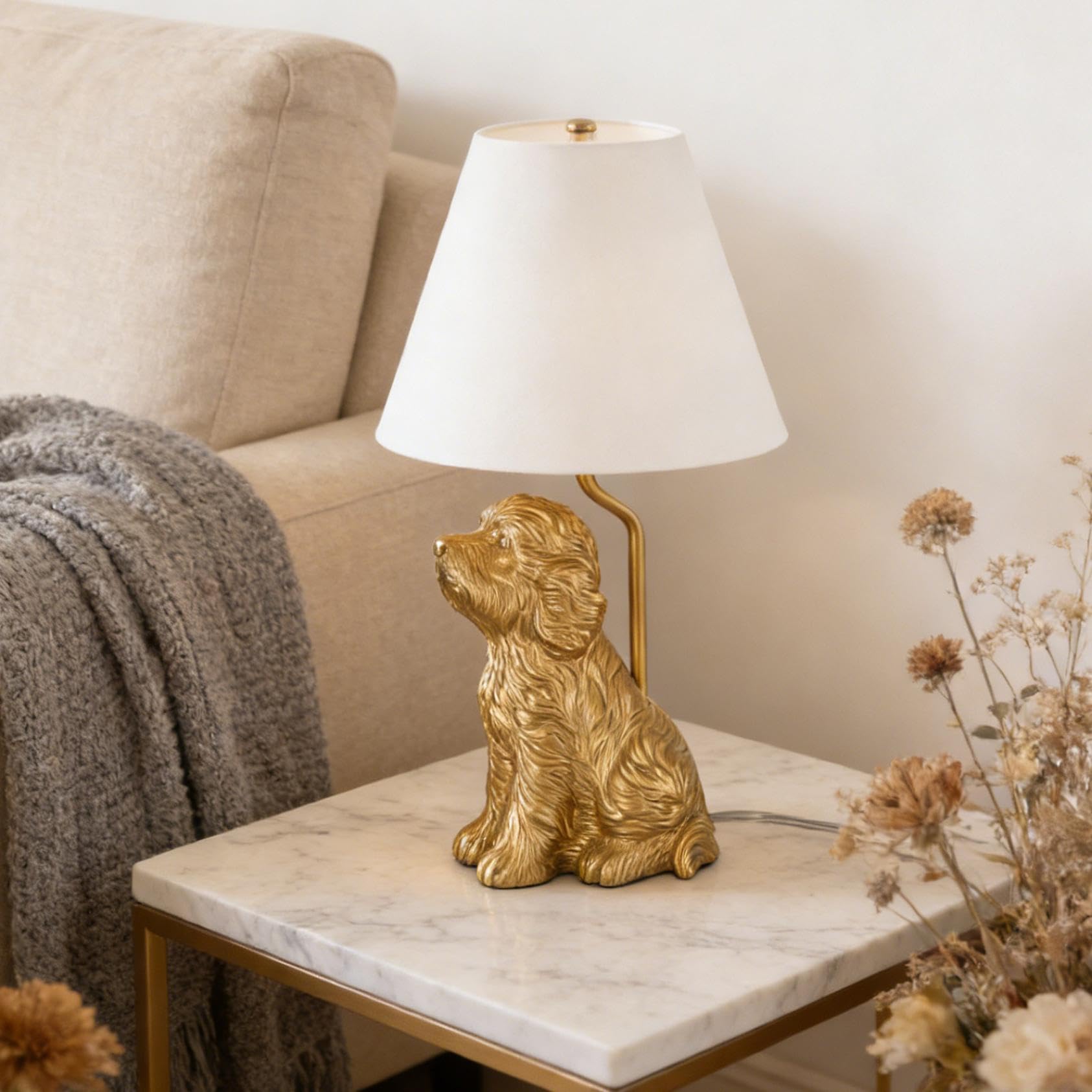 45 cm lampa stołowa z żywicy dla psa, kreatywna lampa nocna ze stożkowym lnianym kloszem, urocze zwierzę LED lampa biurkowa do domowego biura, czytania i dekoracji