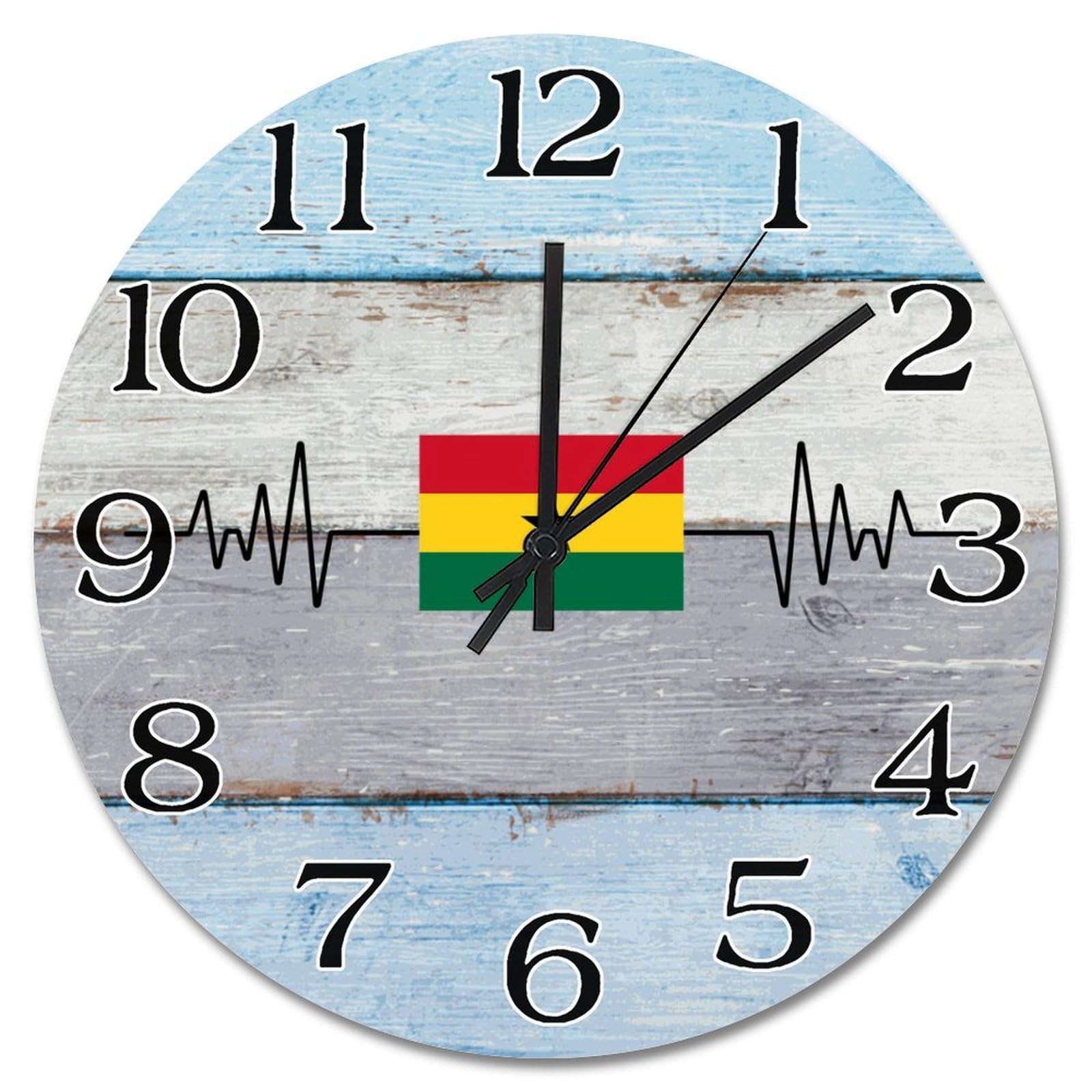 Horloge murale en bois drapeau du Ghana 38 cm silencieuse