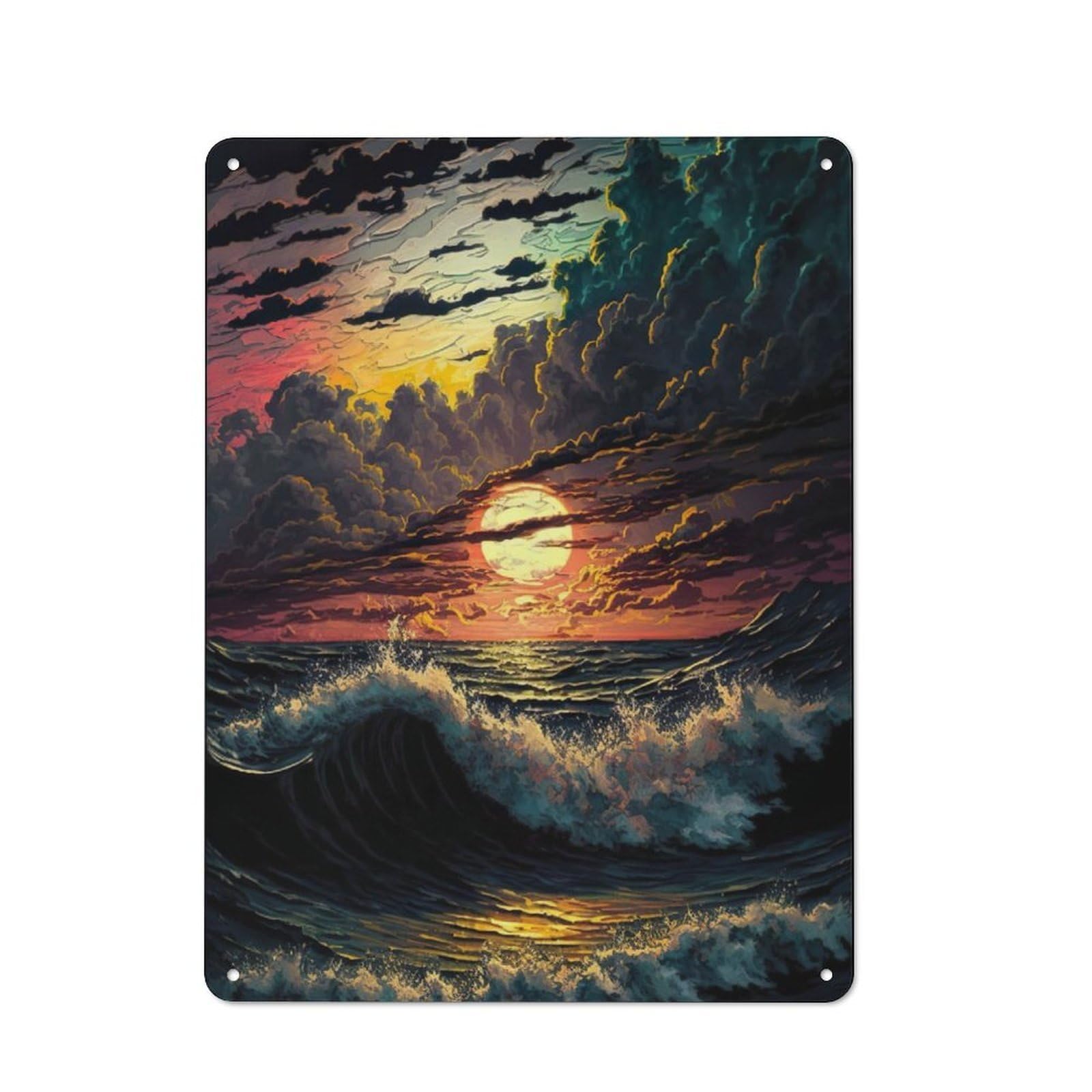 Junmoney Ocean Sunset Metal Sign 40X30cm With For Pub Or Café, Retro Decor, Suited To Café Interior Fans