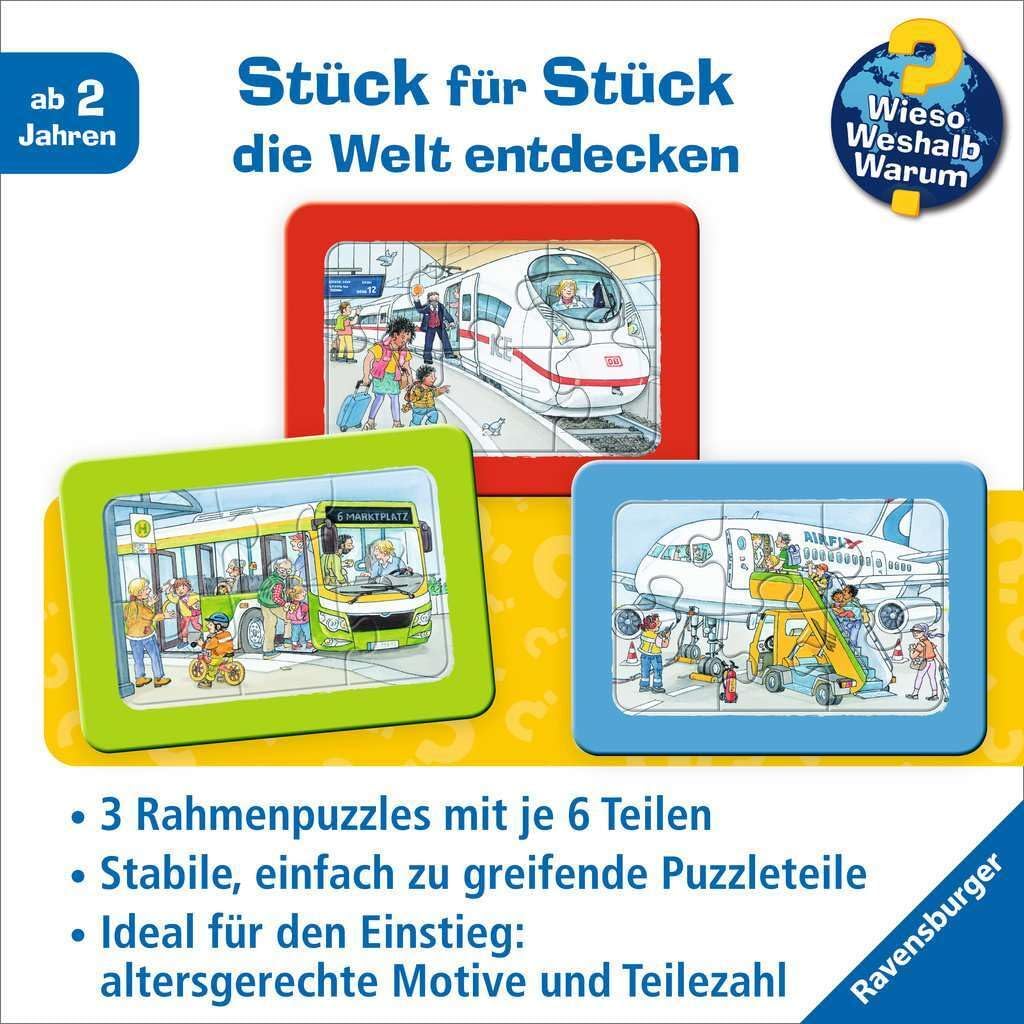 Ravensburger Children's Puzzle - 12004039 On The Go by Bus, Train and Aeroplane - My First Puzzle with 3 x 6 Pieces and with Why? Why ? Why? Knowledge Poster, for Children from 2.5 Years