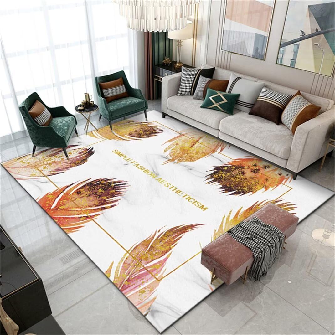 Tapis de chambre doux beige 80X160cm à motif plumes pour un salon moderne et chaleureux
