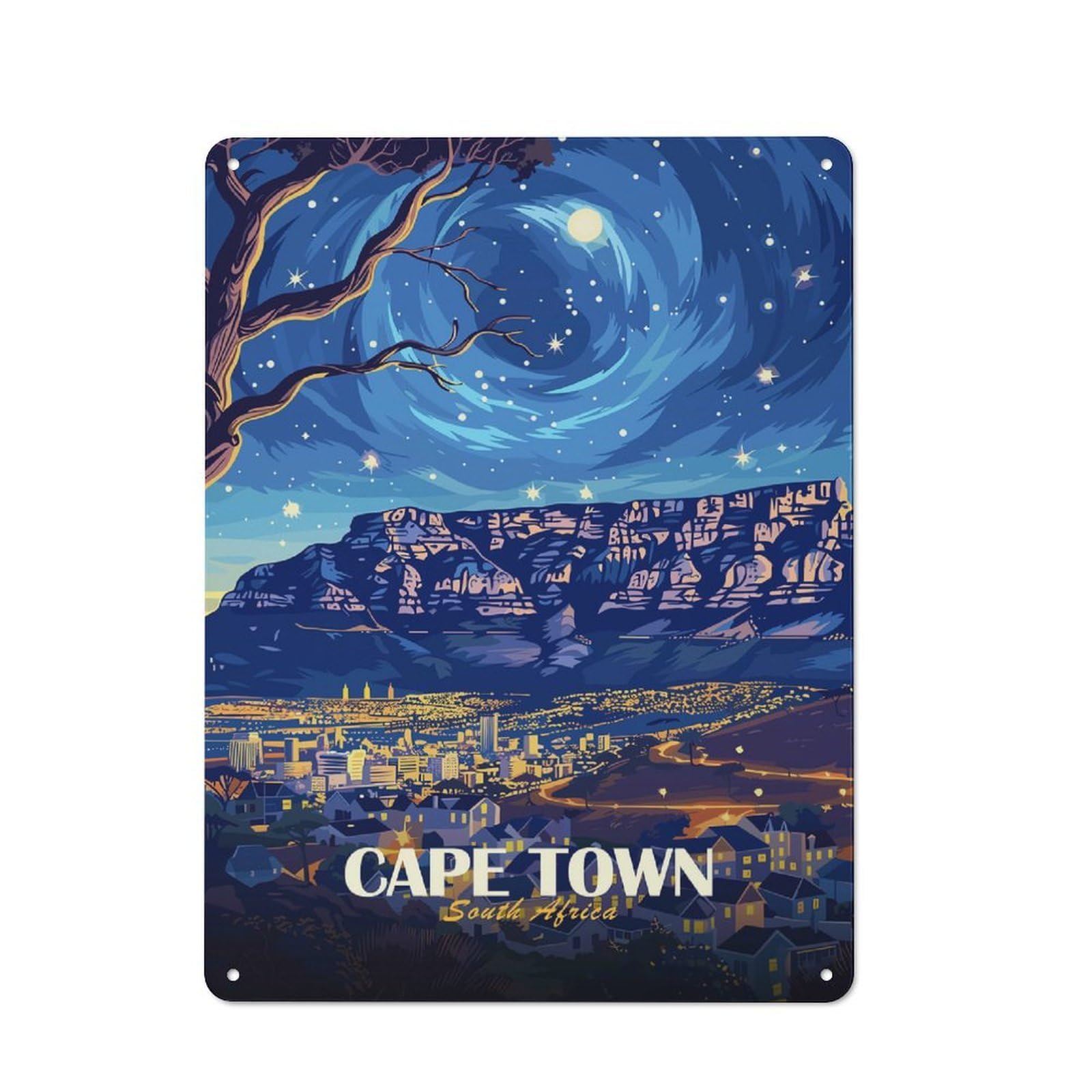 Junmoney Style-8 Vintage Metal Plaque 40X30cm Featuring Cape Town South Africa Nightscape(2), Diner Style Decor For Restaurant, Kitchen, Counter Or Breakfast Nook