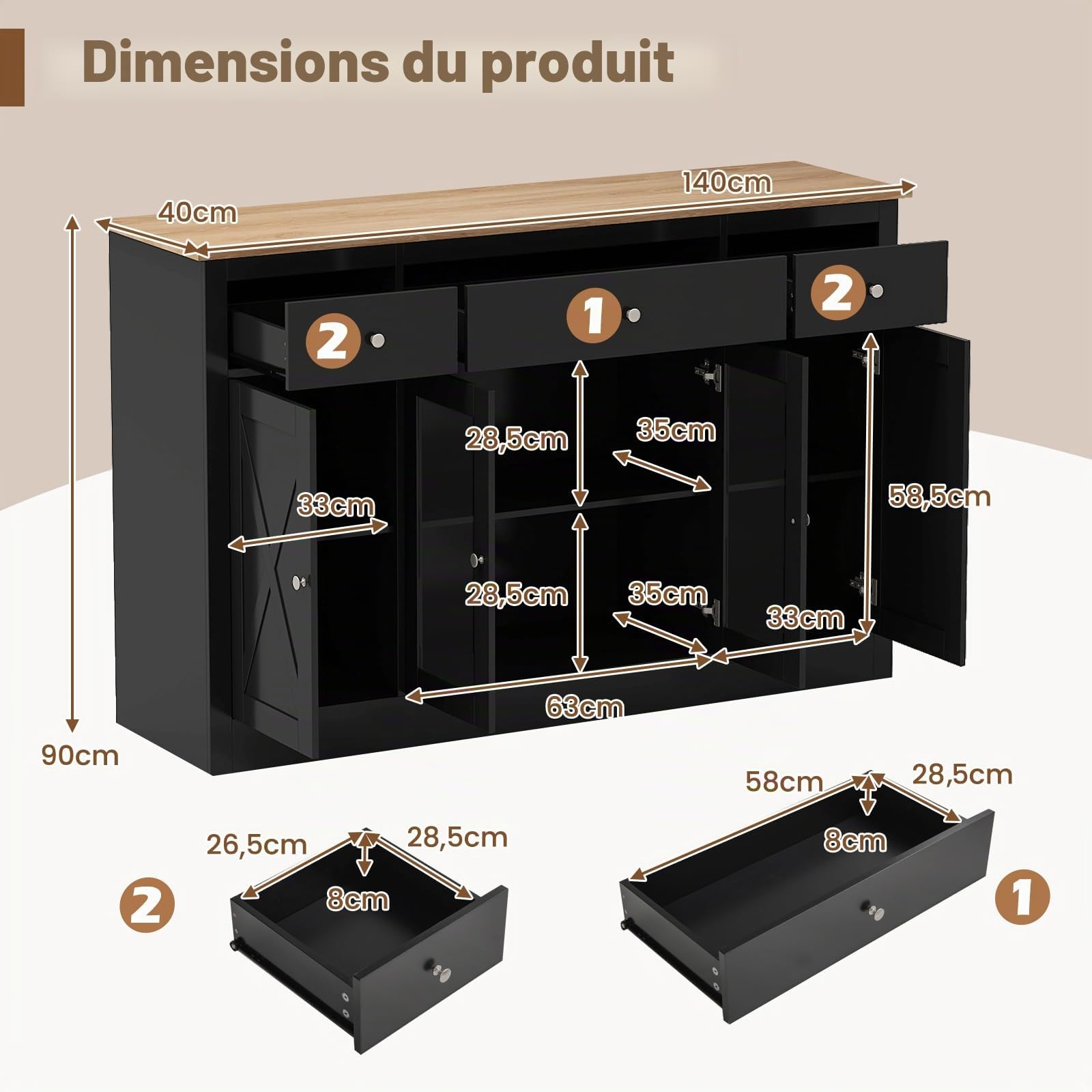 GIANTEX Buffet Salle a Manger avec Tiroirs, Buffet Cuisine avec Plateau Large, 2 Portes Transparente, Étagères Réglables, Meuble de Rangement pour Salle à Manger, Salon, 140 x 40 x 90 cm, Noir