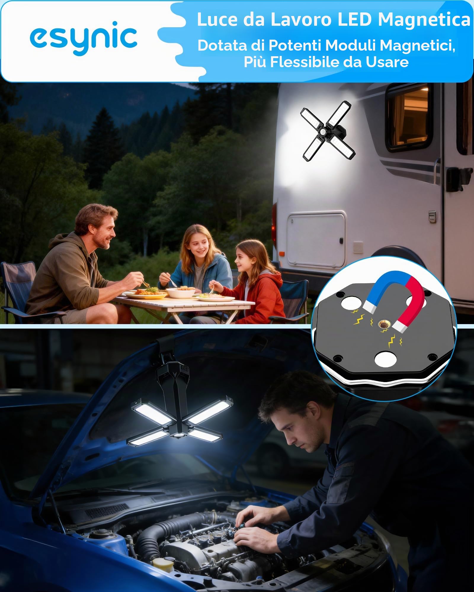 eSynic Luce LED da Campeggio 4000LM, 5 Modalità SOS Strobo e 6 Luminosità Regolabile, Batteria 16000mAh Ricaricabile Dura 5-30 Ore, Lampada di Lavoro Impermeabile con Trepiedi 1.55m, Magnete e Gancio