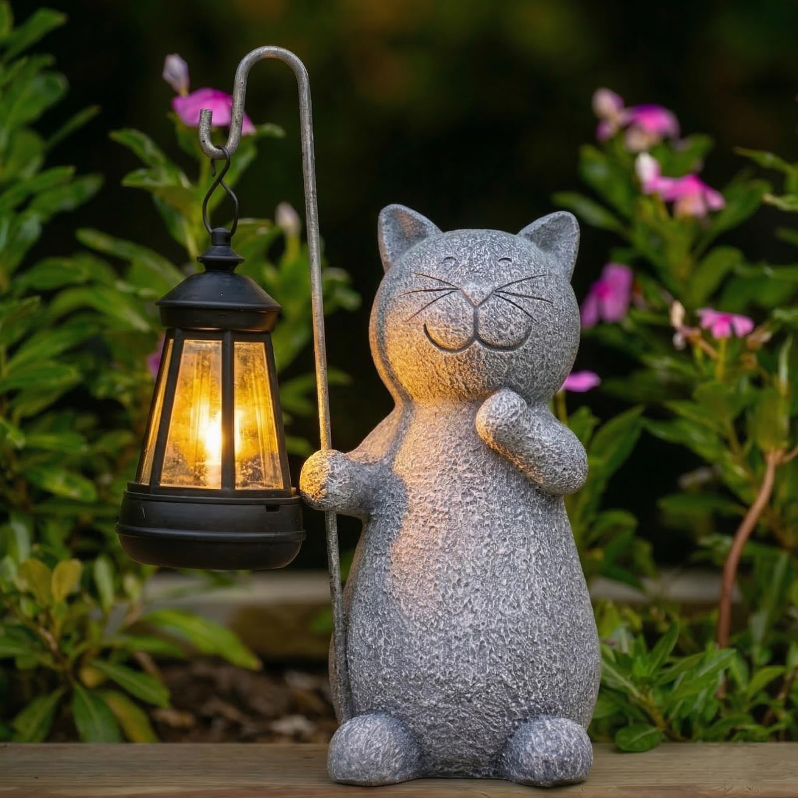 Kattenbeeld Op Zonne-energie Met Lantaarn, Kunst Van Een Kattenkopje Van Hars Voor Op Het Gazon Of Op De Veranda Verjaardagscadeau Met Licht