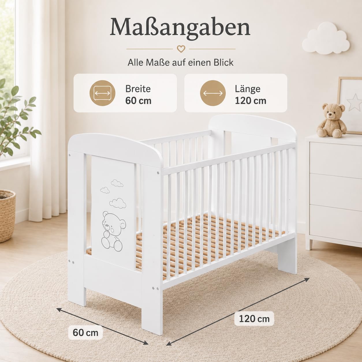 Lettino per Bambini 120x60 cm in Legno Bianco | Lettino Evolutivo con Sbarre per Neonati | Altezza Regolabile e Stabile | Materasso Non Incluso | Design Sicuro e Delicato