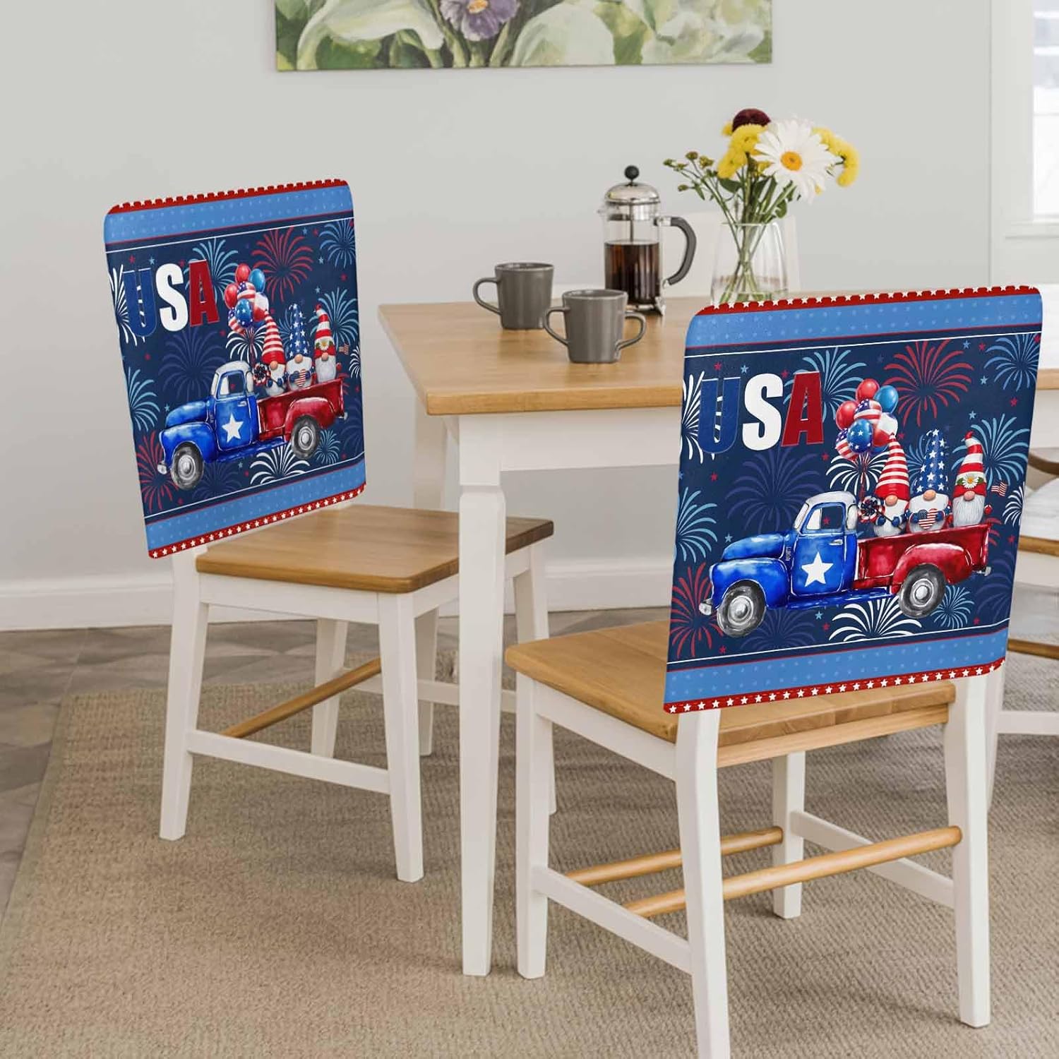 Red Blue 4th of July Chair Back Covers Set of 6, Dining Back Chair Cover Removable Washable Back Slipcovers, Independence Day Stars Gnomes Kitchen Chair Protector for Wedding Party Housewarming