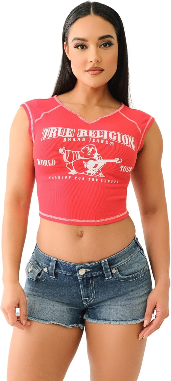 True Religion Women's SRS Contrast Stitch Rib Notched Tee - Casual Crew Neck T-Shirt