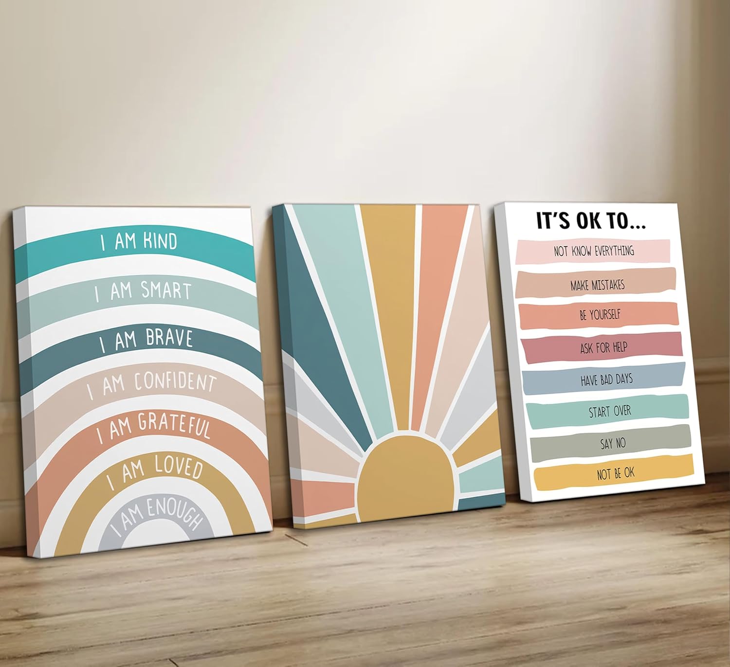 3 Pcs Nursery Boho Affirmations Canvas Wall Art Kids Lnspirational I Am Kind Smart Brave Rainbow Painting Picture Wall Decor Mental Health Posters Prints for Toddler Kids Room Classroom (12x16-canvas)