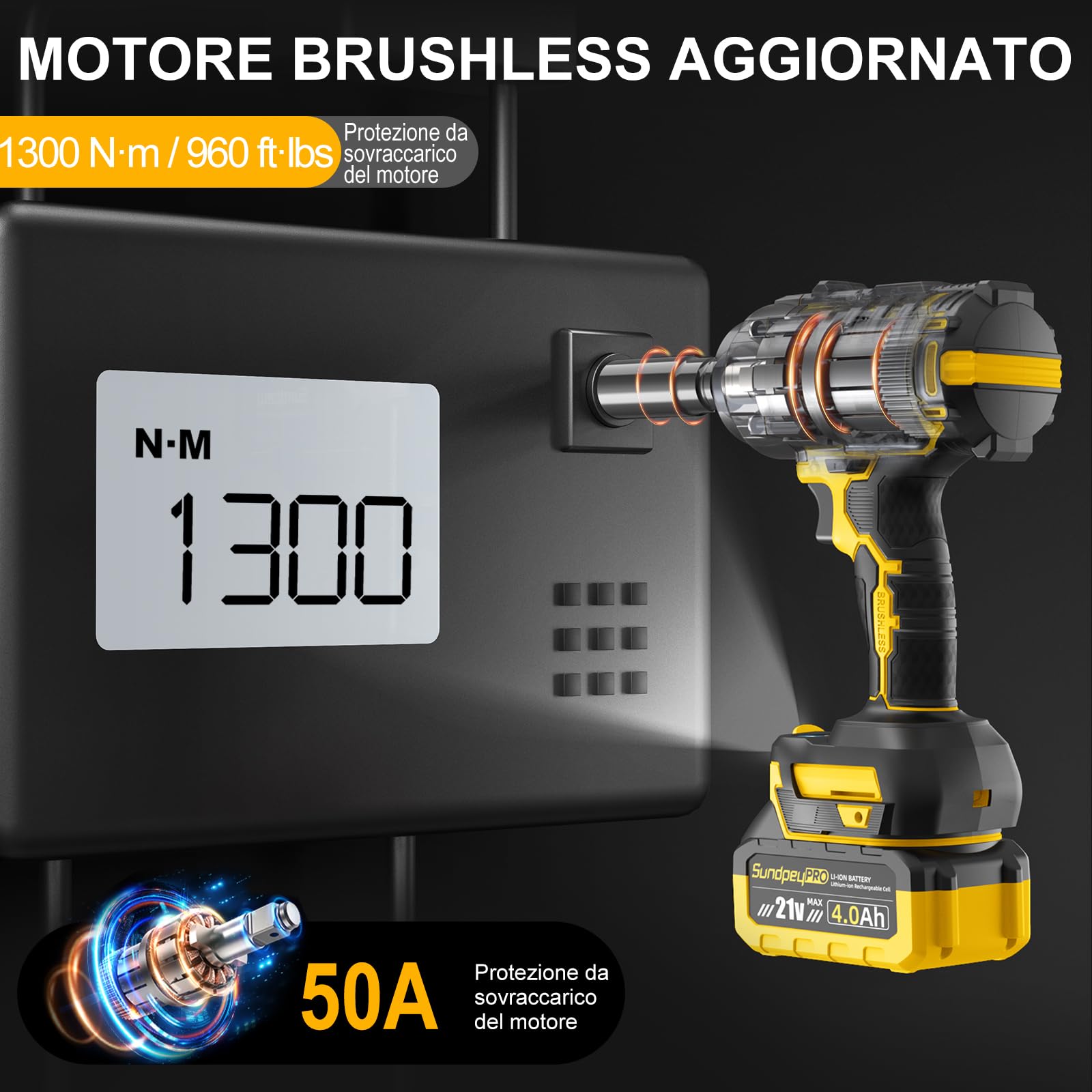 Avvitatore a Impulsi 1300Nm, 21V Avvitatore ad Impulsi 1/2", con2 Batterie 4.0Ah, Motore Brushless e 3 Velocità + Modalità RSS, Cassetta & Accessori, Per Auto, Cantieri & Fai da Te