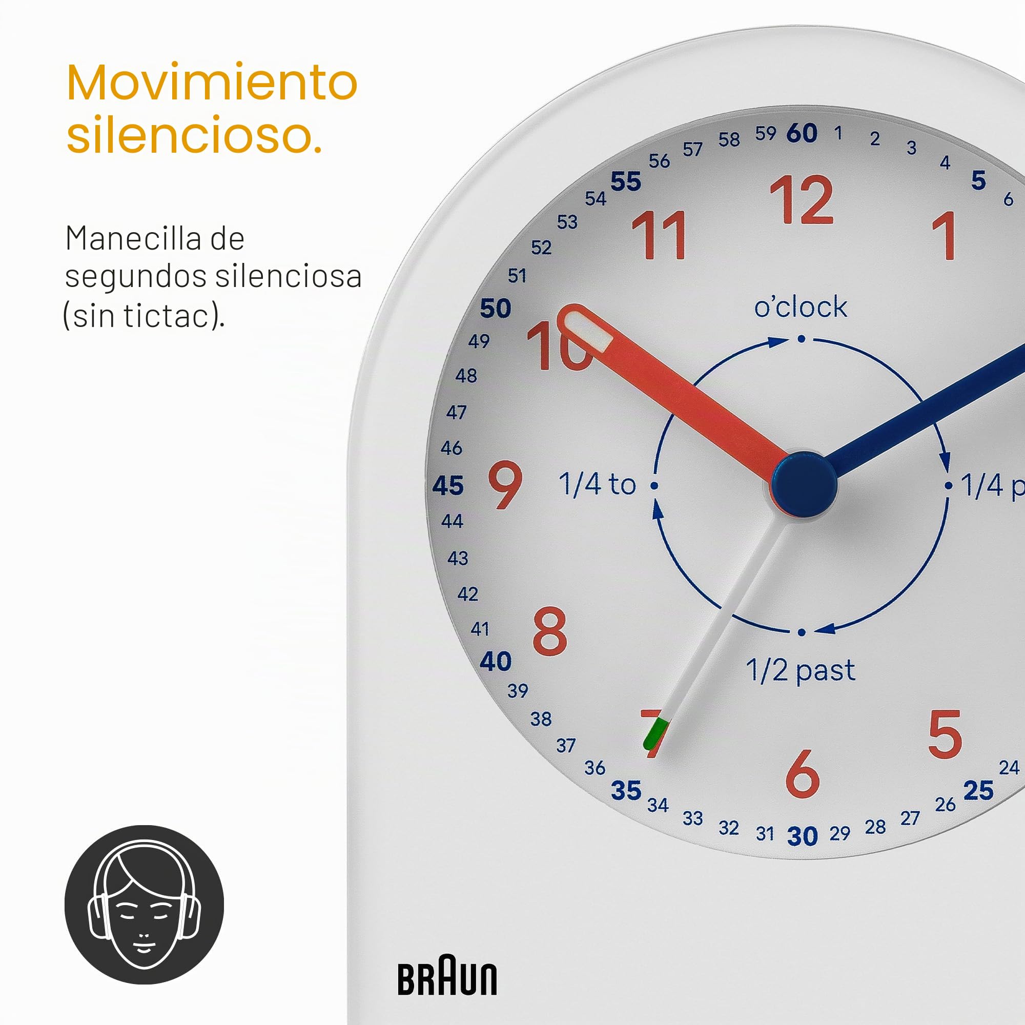 Braun Reloj Despertador de Aprendizaje analógico retroiluminación Continua y de suspensión, manecillas silenciosas, Esfera fácil de Leer, Alarma Sonora in Crescendo en Blanco, Modelo BC22TW.