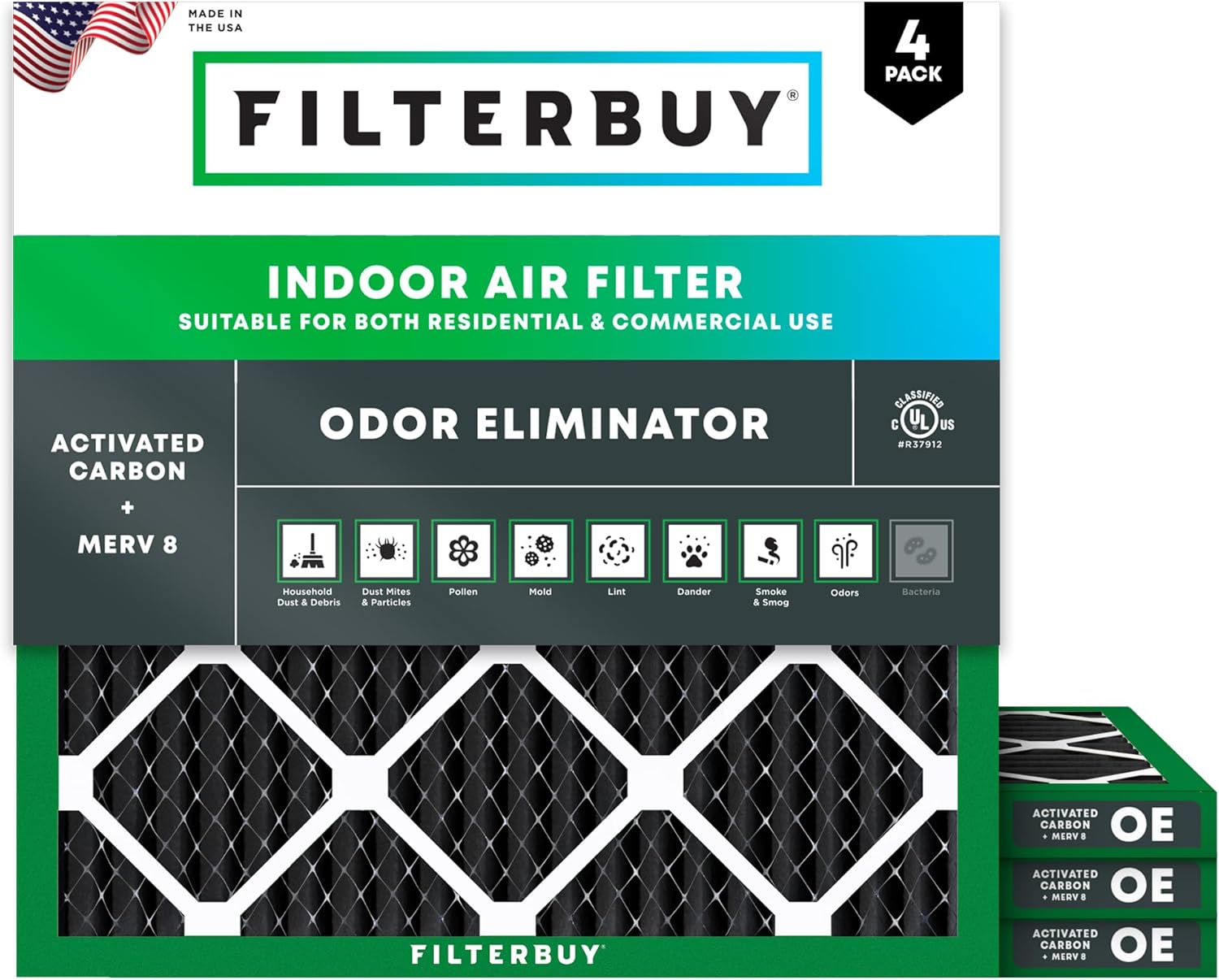 Filterbuy 24x24x1 Air Filter MERV 8 Odor & Allergy Defense with Activated Carbon (4-Pack), Electrostatic Pleated HVAC AC Furnace Filters Replacement, Made in USA (Actual Size: 23.38 x 23.38 x 0.75)