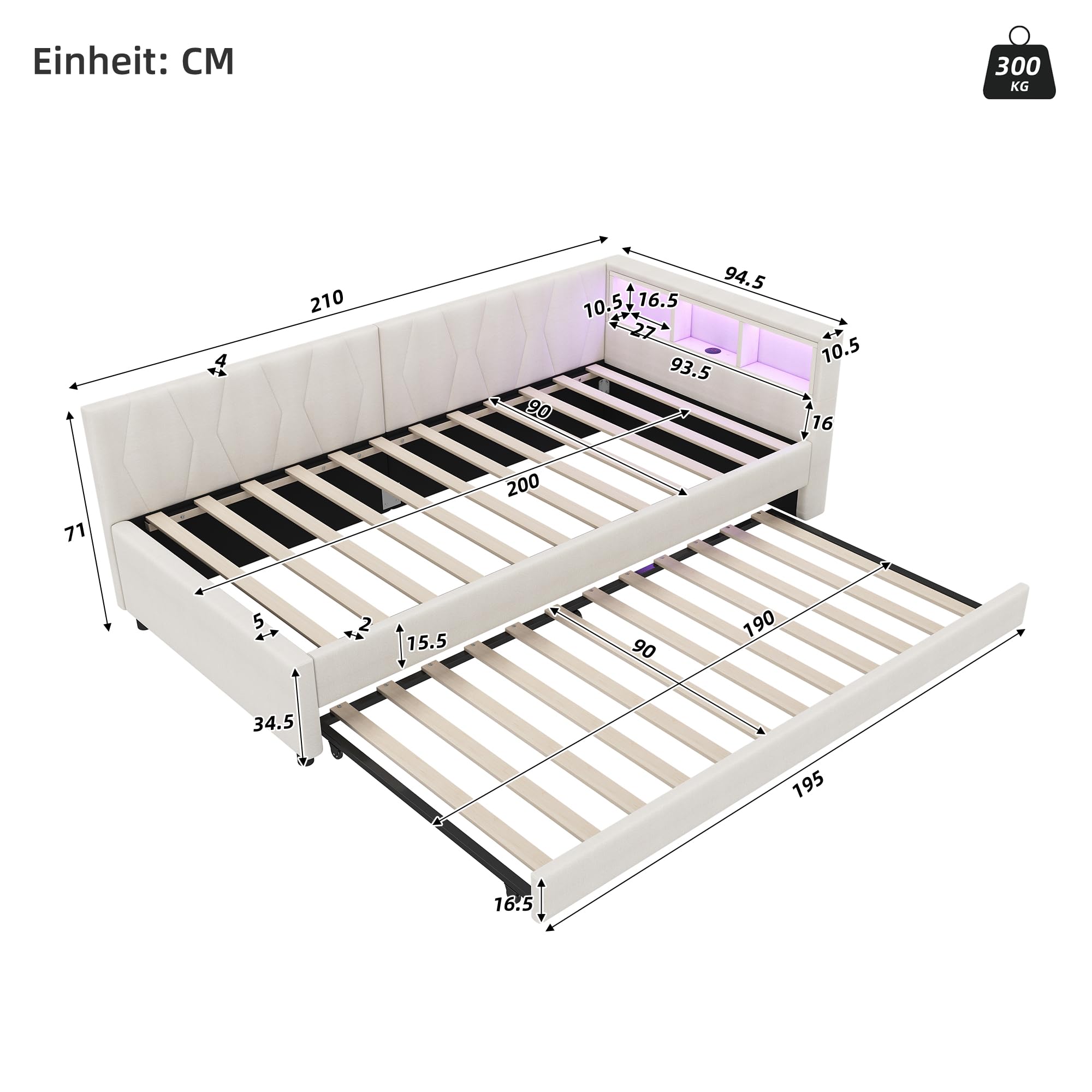 Divano Letto 90x200 Bed Vano Portaoggetti Laterale Rivestimento in Lino Letto Estraibile Seconda Superficie Estraibile Superficie Ausiliaria Scorrevole sotto il Telaio Camera