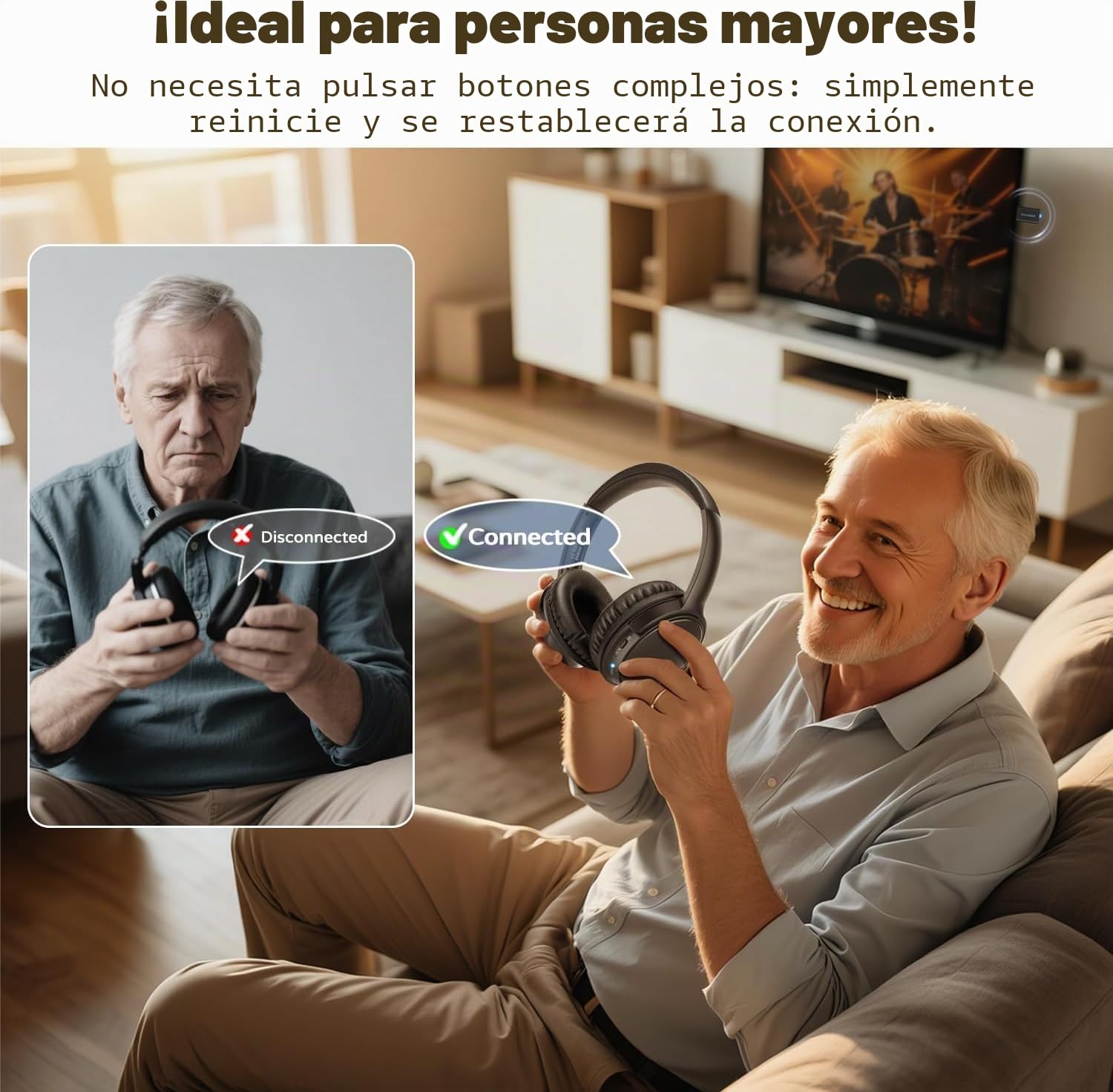 Holdsound Auriculares Inalambricos TV para Adultos Mayores (Tinta Negra) | Inalámbricos para TV con Transmisor USB, Alto Volumen, Plug And Play, Sin Retardo de Audio, 40 Horas de Reproducción de Audio