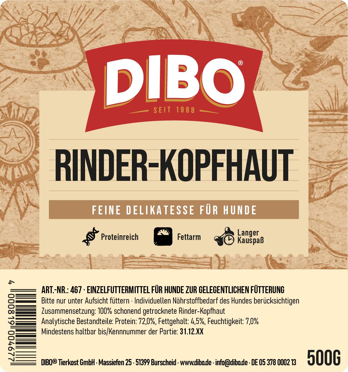 DIBO Cuoio capelluto bovino, sacchetto da 500 g, snack naturale o dolcetti per cani, articoli da masticare di qualità senza prodotti chimici