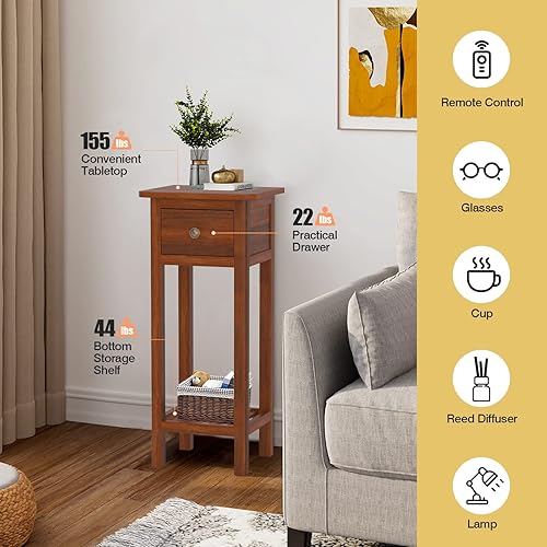 Miniatura 6 de GORELAX Mesa auxiliar estrecha, mesita de noche alta con cajón y estante, mesita de noche pequeña con dispositivo antivuelco, sin montaje, mesa